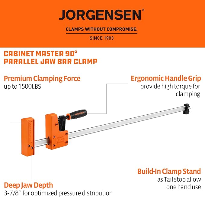Jorgensen 2-pack 30” Bar Clamp Set, 90° Parallel Clamp Cabinet Master, Steel Jaw Bar Clamp for Woodworking, 1500 lbs load Limited
