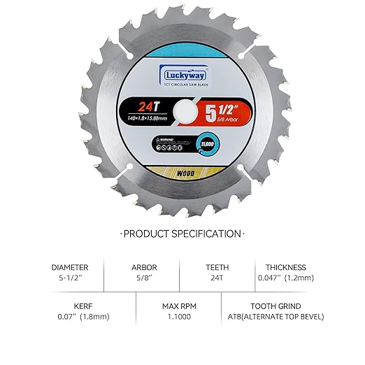 Luckyway 2-Pack 5-1/2 Inch 24T with 5/8 Inch Arbor TCT Circular Saw Blade General Purpose and Trimming Saw Blade, Cordless Trim Saw Blade for Cutting Wood(1/2-Inch and 10-mm Reducer Bushings Include)