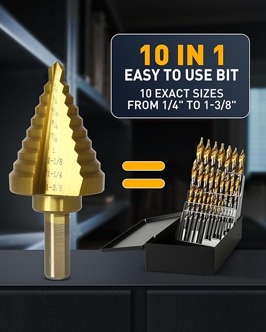 COMOWARE Step Drill Bit for Metal, Titanium Coated, Double Cutting Blades, High Speed Steel, Short Length Drill Bit, Total 10 Sizes from 1/4” to 1-3/8", for Steel Sheets Aluminum Copper Plastic Wood