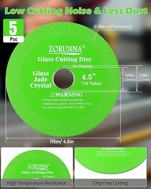 Glass Cutting Disc for 4-1/2" Angle Grinder, 5 Pack Glass Ceramic Diamond Cutting Blade Disc 7/8" (Model 115/125) for Grinding Jade, Crystal, Wine Bottles, Tile.