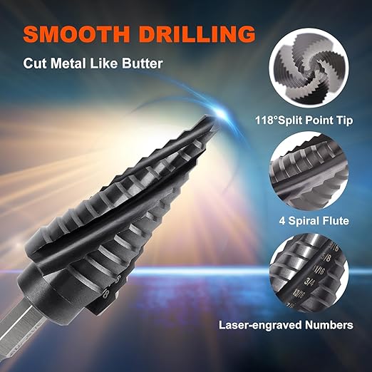 COMOWARE M35 Cobalt Step Drill Bit, 4 Spiral Flute, Step bit with 3/8" Hex Shank, 12 Sizes (3/16" to 7/8"), Steps bits for Metal, Stainless Steel, Aluminum/Wood/Plastic, Unibit for Electricians & DIY