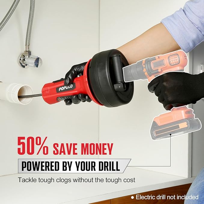 POPULO Drain Auger, Auto Feed Plumbing Snake Clog Remover for Unclog Sink Drain 3/4"-2" Pipe, 16 Ft Snake Hair Drain Clog Remover Cleaner Tools Manually or Powered for Shower, Bathtub, Kitchen, Sink