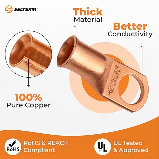 SELTERM 10pcs 1/0 AWG - 1/2" Stud - Battery Lugs, Heavy Duty Wire Lugs, Ring Terminals, Battery Cable Ends,0 Gauge Terminals, UL Bare Copper Eyelets Electrical Battery Terminal Connectors