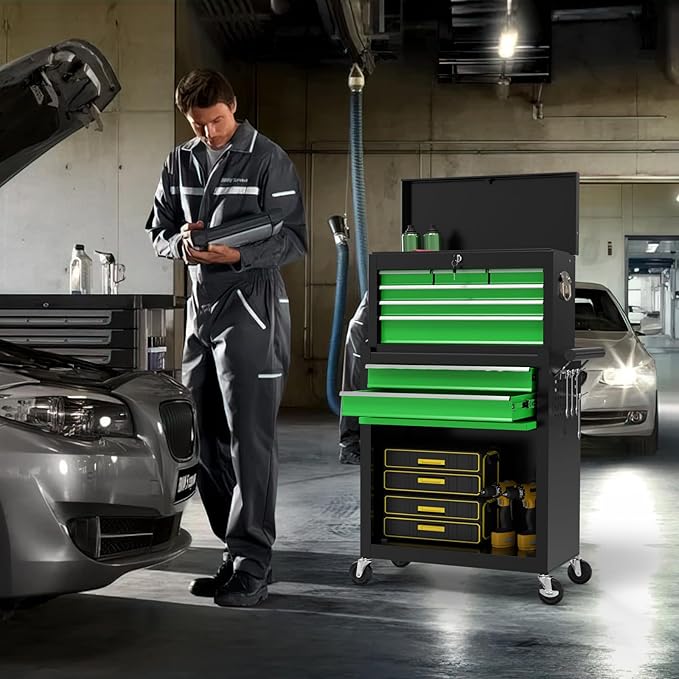 On Shine 8 Drawer Rolling Tool Chest, Large Capacity Rolling Tool Box with Wheels, Locking Mechanical Tool Chest, Portable Tool Box with Sliding Drawers,Metal Tool Box for Garage Workshop（Black Green）