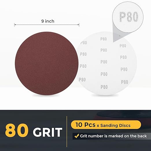HARFINGTON 10 Pcs 9 Inch Sanding Disc 80 Grit Hook and Loop Sandpaper Random Orbital Sander Pads for Woodworking Automotive Metal Polishing