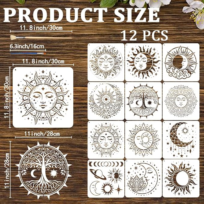 12pcs Mandala Sun and Moon Stencils - Image 2