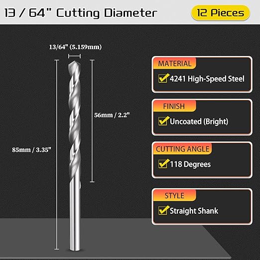 Drill Bit, 13/64" Cutting Diameter, 4241 HSS 118° Cutting Angle Uncoated Bright Versatile Jobber Bits - (Applications: for Drilling Plastic Wood Soft Metal), 12-Pieces