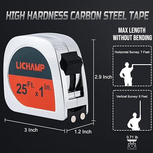 LICHAMP Tape Measure 25 ft with Magnetic, 6 Pack Bulk Easy Read Chrome Measuring Tape Retractable with Fractions 1/8, Measurement Tapes 25-Foot by 1-Inch, Square