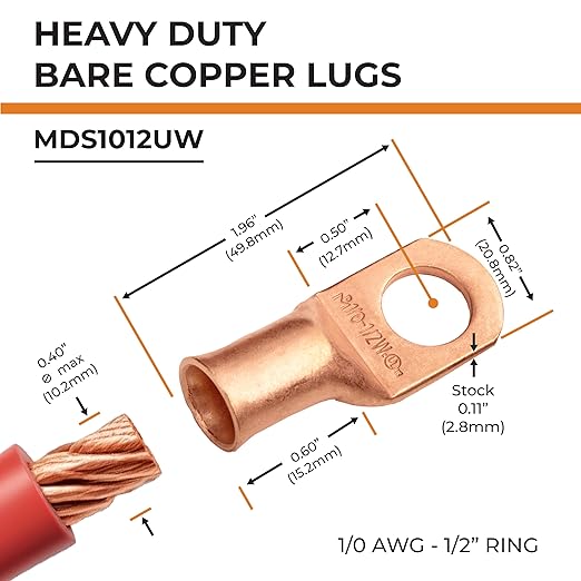 SELTERM 10pcs 1/0 AWG - 1/2" Stud (Wide Pad) - Battery Lugs, Heavy Duty Wire Lugs, Ring Terminals, Battery Cable Ends,0 Gauge Terminals, UL Bare Copper Eyelets Electrical Battery Terminal Connectors