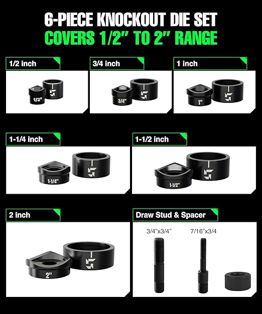 1/2" - 2" Hydraulic Knockout Punch Set | 15 US Tons | Knock Out Set with 6 Dies | Punching Capacity 11-16 Gauge | 1 Year WARRENTY | Staten Tools