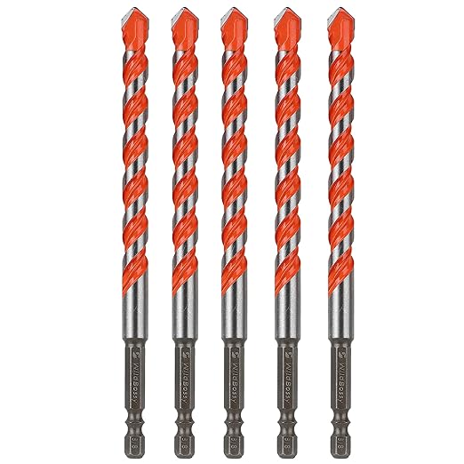 Concrete Carbide Drill Bits Hex Shank Masonry Cement Tile Drill Bit Set for Glass/Brick/Plastic/Cement/Tile 3/8" (5PCS)