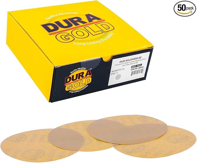 Dura-Gold Premium 800 Grit 6" Gold Sandpaper Discs, No Hole Pattern Dustless, Box of 50, Hook & Loop Backing for DA Sander, Finishing Coarse Sanding Abrasive Automotive Paint, Woodworking Wood, Metal