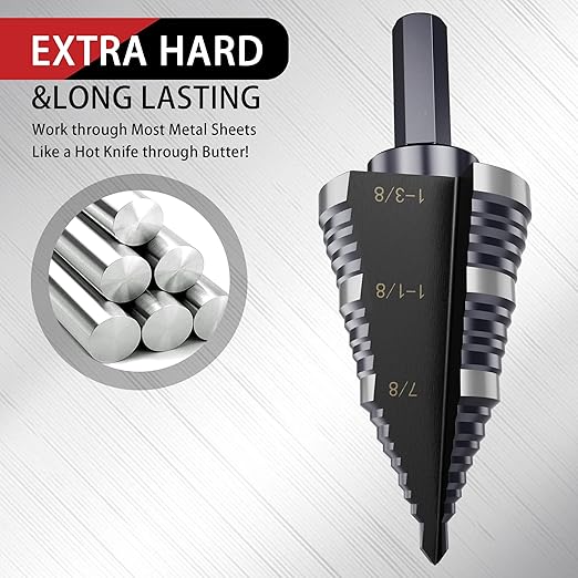 1/4 to 1-3/8 Inch Step Drill Bit, M2 High-Speed Steel Double Fluted Drill bits, Straight Grooved Step Drill Bit for Hole Drilling in Stainless Steel, Copper, Aluminum, Wood, Plastic