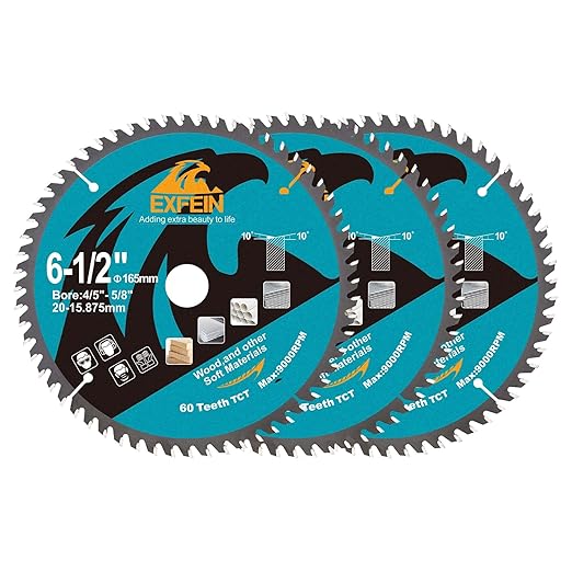 6-1/2 Inch Miter/Table Saw Blades 3pcs, 60 Teeth ATB TCT Fine Finish Wood Cutting Circular Saw Blade with 4/5|5/8 Inch Arbor