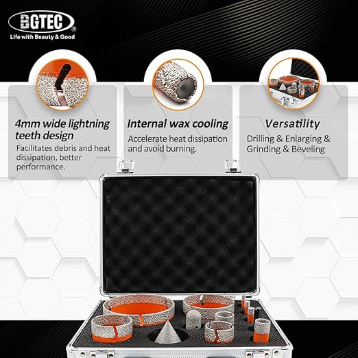 BGTEC Tile Hole Saw Kit Diamond - 12PCS 5/8-11 Thread Drill Bit 6/8/10/19/25/35/50/75/102mm+50mm Chamfer Bit+20mm Finger Bit+SDS Adapter for Pocelian Tile Ceramic Marble Granite Stoneware