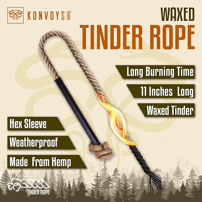 Fire Starter Survival Tool–Ferro Rod Fire Starter with 11" Waterproof Tinder Wick Rope, Multi-Tool Striker and Extra Jute Bag - All-in-One Flint and Steel Fire Starter Kit.