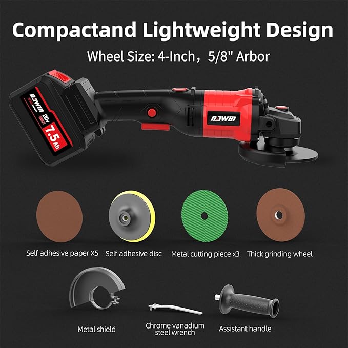NAWIN 20V Cordless Grinder Kit,4 inch, 2×7.5Ah Battery&Fast Charger, variable speed grinder, Battery Angle Grinder Tool,Brushless Motor, Angle Grinder for Cutting, Griding, Polishing（7.5Ah）