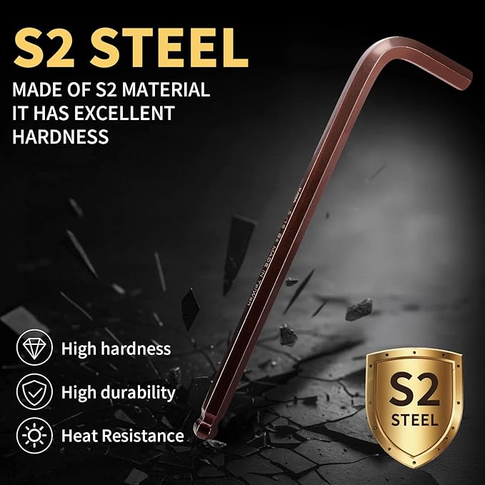 Metric Hex Key Ball End S2 Alloy Bronze – 9PCS Metric Allen Wrench Set, S2 Steel, 1.5–10mm, 6.7in, for High Torque Jobs, DIY Repairs, Bike & Machine Maintenance