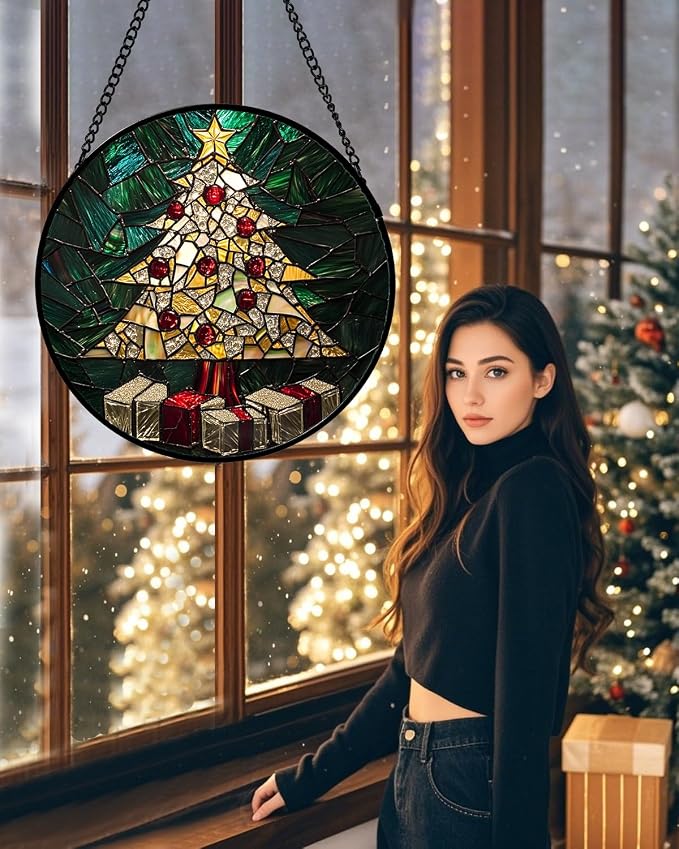 Stained Glass Window Hanging -Golden Christmas Tree Suncatcher - Image 5