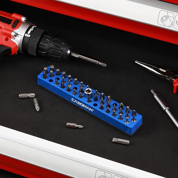 CASOMAN 1/4" Hex Bit Organizer with Magnetic Base - Blue, 43 Hole Bit Organizer with Strong Magnetic Base, Magnetic Bit Organizer for Your Specialty
