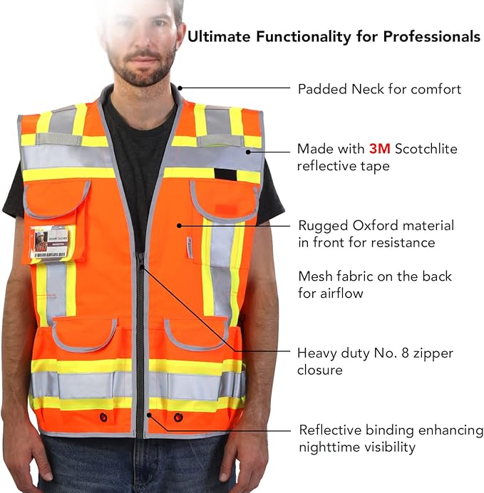 Dib Safety Reflective Vest Heavy Duty, High Visibility Two Tone Engineer Vest, Made with 3M Tape, Padded Collar, Retractable ID Pocket, Orange 2XL