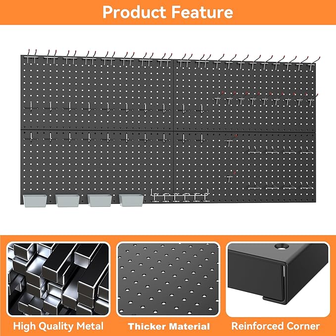 WALMANN Metal Pegboard Kit with Accessories for Wall, Garage Tools Storage Pegboard System for Garage, Workbench, Modular Peg Board Tool Organizer Board with Hooks(Black)