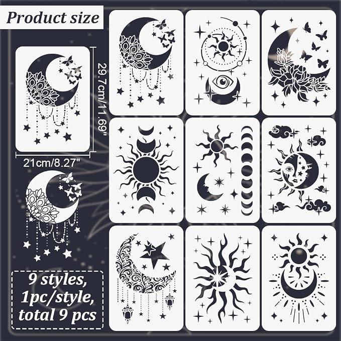 INFUNLY 9PCS/Set Sun Moon Wall Stencils - Image 2