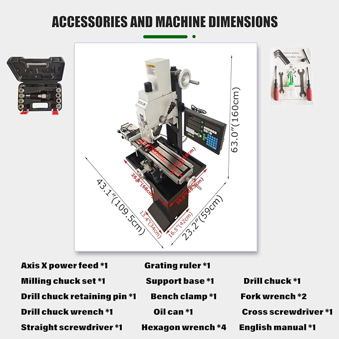 1300W Drilling and Milling Machine with Support Base, R8 Spindle Taper, 1.1" Drilling Diameter, Integrated Vertical Drilling and Milling Lathe for Metal, Wood and Plastic 110V