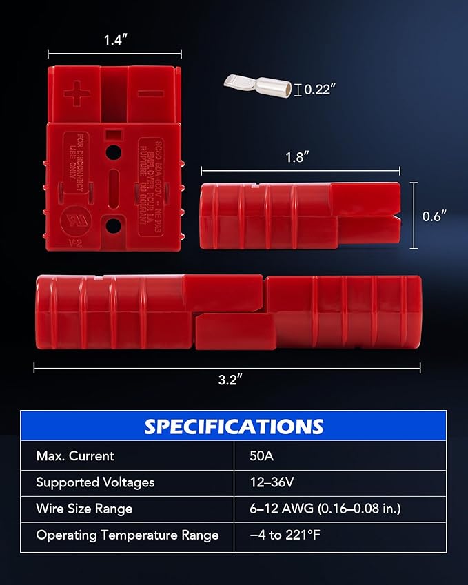 Orion Motor Tech Wire Connector 2 Pack, 50A Wire Harness Plug Kit for 6 to 12 Gauge Cables, 12V to 36V Battery Quick Connect Disconnect Set for Car Bike ATV Winches Lifts Motors More, Set of 2, Red
