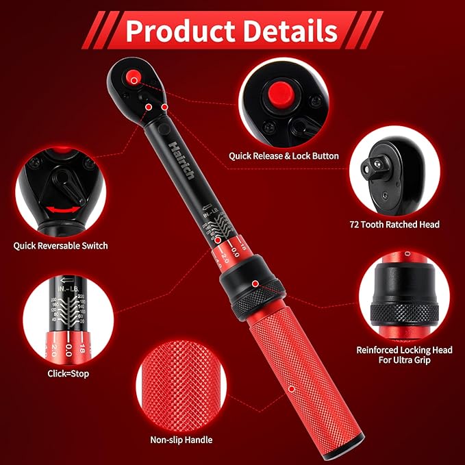 1/4-Inch Torque Wrench, Dual-direction Small Torque Wrench 20-220in.lb/2.3-24.9Nm, 72 tooth High Precision Professional with Dual Range Scales