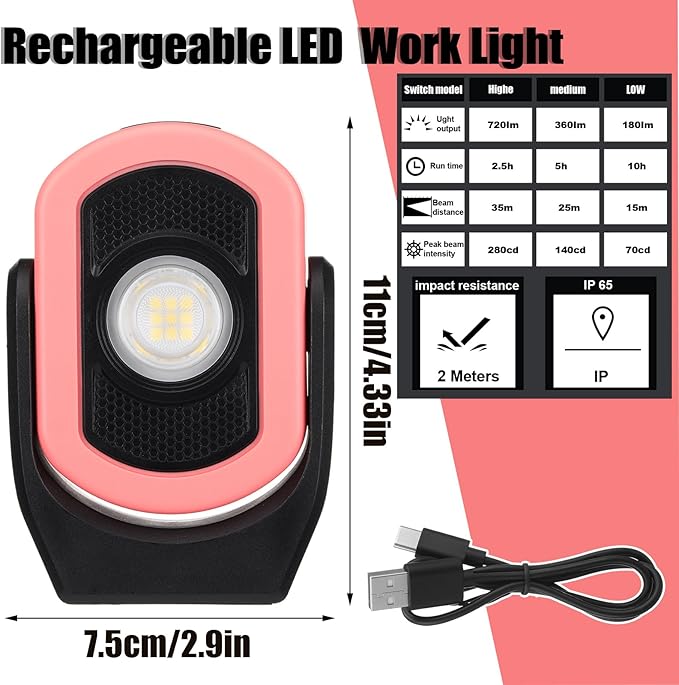 Retisee 2 Pcs 720 Lumens Magnetic Work Light USB Rechargeable LED Flashlight Portable Inspection Light for Car Repair Emergency Lighting Mechanics Workshop (Pink)