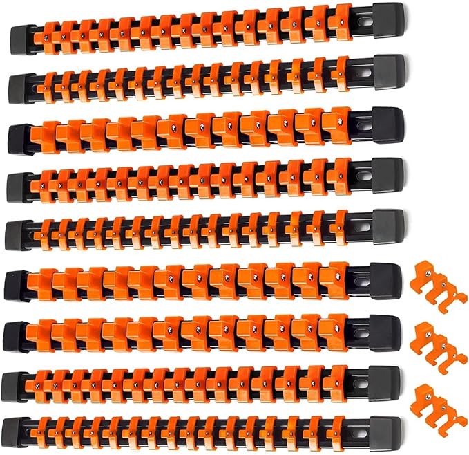 ALOANES 9 PC ABS Socket Organizer, 1/2 inch, 3/8 inch and 1/4 inch Drive Socket Rail Holders, Heavy Duty Socket Racks, Black Rails with Orange Clips