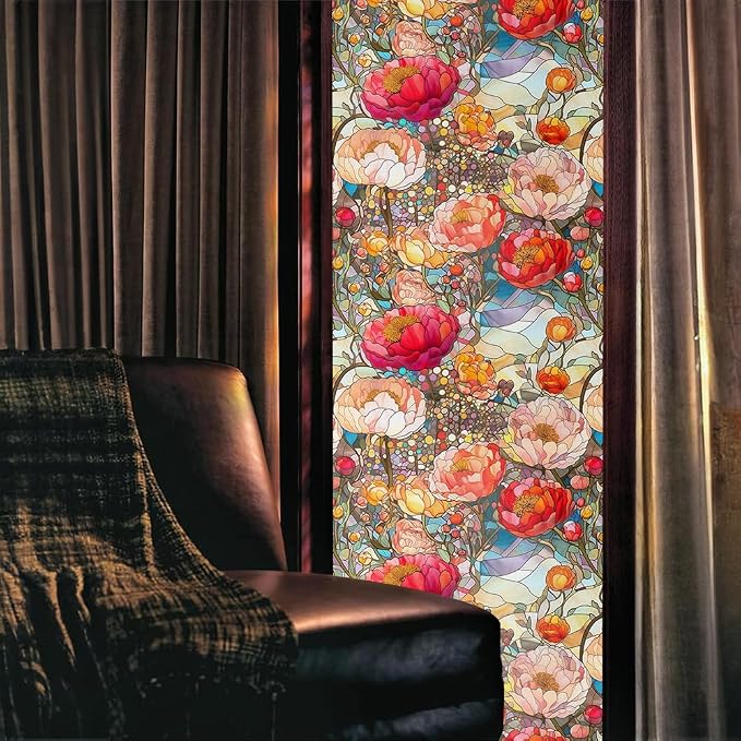 Red Cream Beige Peony Floral Stained Glass Window Films Decorative Double-Side - Image 2