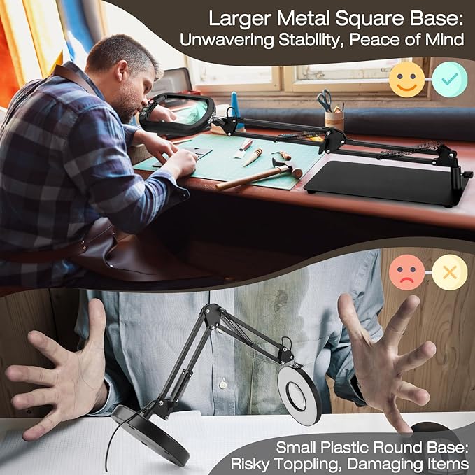 10X Square Magnifying Glass with Light and Stand, Real Glass Lighted Magnifier Hands Free, 5 Color Modes, Brightness Stepless Dimming, 2-in-1 Desk Lamp with Clamp for Close Work, Craft, Hobby, Reading