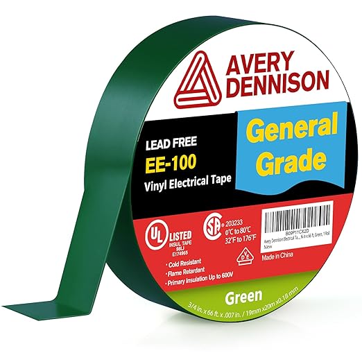 Avery Dennison Electrical Tape, General Use PVC Electric Tape, UL/CSA Listed Insulating Vinyl Tape for Electrical, Repairs, Automotive and Equipment, EE-100, ¾ in x 66 ft, Green, 1 Roll