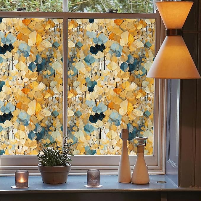 Boho Yellow Blue Ginko Leaf Stained Glass Window Films Decorative Double-Side - Image 3