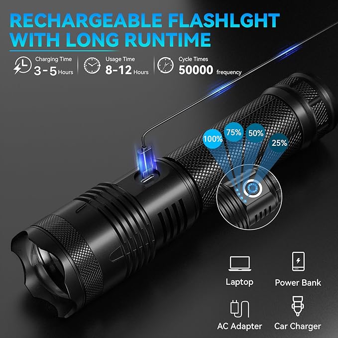 Rechargeable LED Flashlights High Lumens, 99,000 Lumens Super Bright Flashlights with 5 Modes, Waterproof Powerful Flash Light Multifunctional Flashlights for Home Emergencies Hiking（2 Pack）
