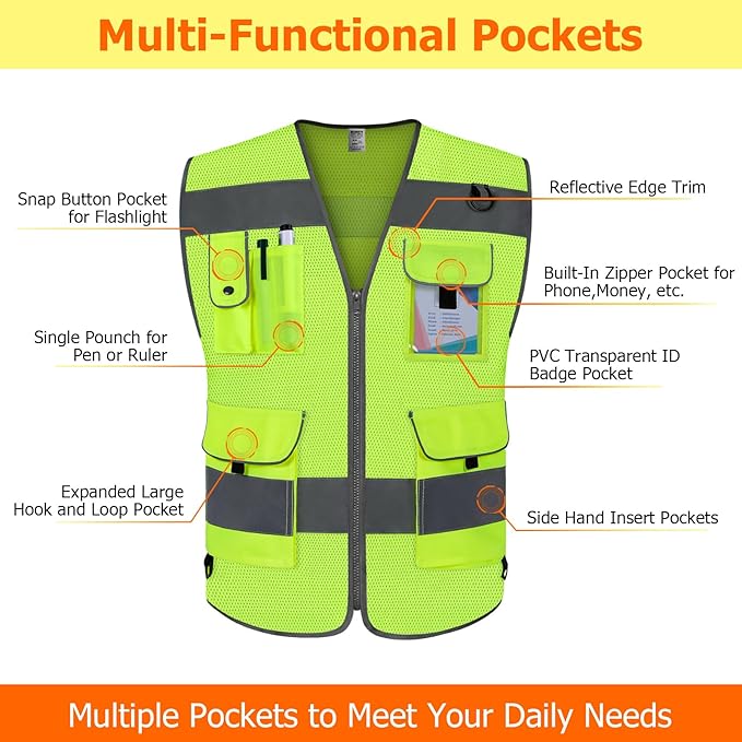 TCCFCCT Mesh Safety Vest for Men Women 9 Pockets High Visibility Vest for Safety, Reflective Vest for Construction Work, Hi Vis Vest with Reflective Strips, Meet ANSI/ISEA Standards, (Yellow, Large)