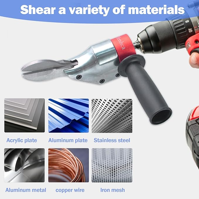 360° Pivoting Drill Metal Shear Attachment, Professional Power Tool Accessory for Cordless & Corded Drills, Heavy-Duty Metal Cutter for Iron, Aluminum & Copper Sheets with Adjustable Handle- R