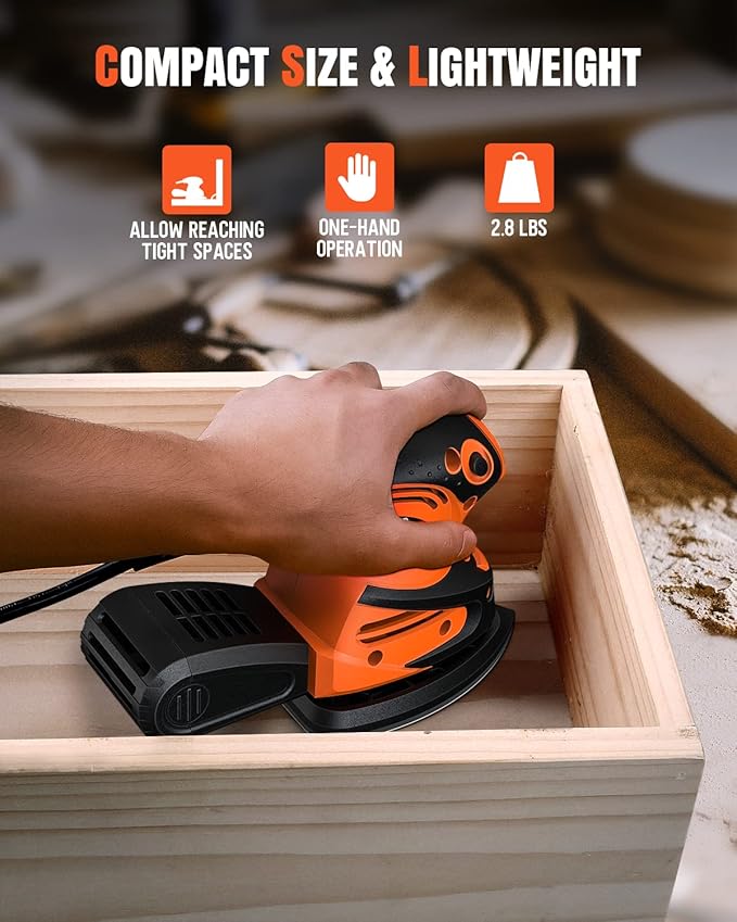 Detail Sander, 1.5A 15000 OPM Electric Sander with 24pcs Sandpapers, Efficient Dust Collection System & Detail Finger Attachment, Soft Grip Handle, Compact Hand Sander for Woodworking