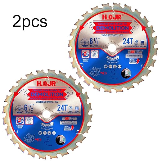 2-Pack 6-1/2" 24 Tooth 5/8" Arbor Woodworking Circular Saw Blade,Framing/Demolition,Special Anti-Thermal Adhesion Coating on Cutting Head -TA, DEM 6-1/2" 24T-TA