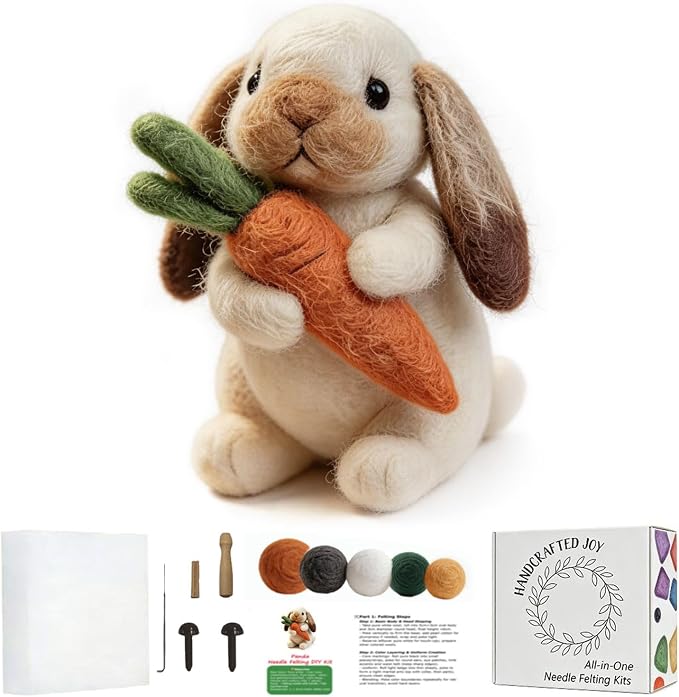 DIY Needle Felting Kit Cute Brown Lop-Eared Bunny Holding Carrot – Needle by FaceNFace