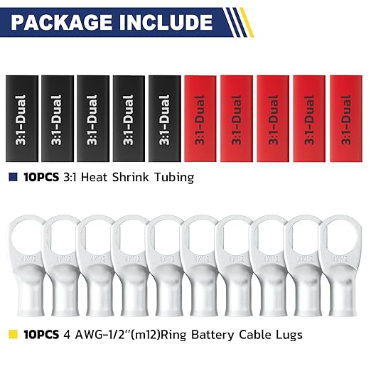 haisstronica 10pcs 4 AWG - 1/2" (M12) Tinned Copper Battery Lugs, Heavy Duty Copper Wire Lugs with 10pcs 3:1 Adhesive Heat Shrink Tubing, 4 Gauge Wire Lugs, Tinned Copper Battery Cable Ends