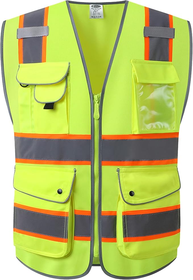 JKSafety 9 Pockets Hi-Vis Neon Yellow Color Zipper Front Safety Vest with Fluorescent Orange Extend Edge outlining the Reflective Tapes Meet ANSI/ISEA Class 2 Standard (901-Yellow, 4XL)