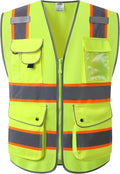JKSafety 9 Pockets Hi-Vis Neon Yellow Color Zipper Front Safety Vest with Fluorescent Orange Extend Edge outlining the Reflective Tapes Meet ANSI/ISEA Class 2 Standard (901-Yellow, Large)
