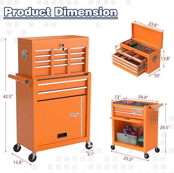 Rolling Tool Box with Wheels, 8-Drawer High Capacity Tool Chest with Drawers, Removable Storage Toolbox with Lock for Garage, Workshop