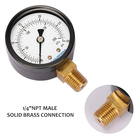 MEASUREMAN 2" Steel Gas Pressure Test Gauge Assembly, 3/4" FNPT Connection, 0-30 psi/kpa, +/-3-2-3% Accuracy