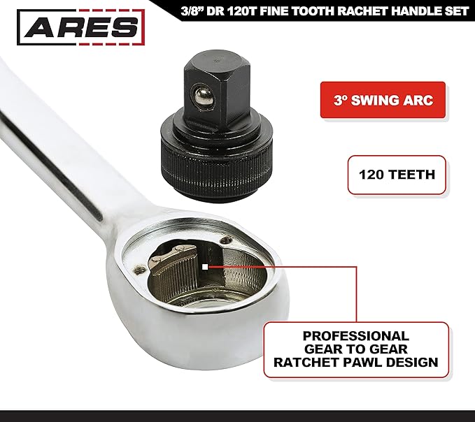 ARES 42069 – 3/8-Inch Drive 120 Tooth Ratchet – 3 Degree Swing Arc - Reversible Ratcheting Mechanism - Ergonomic Handle and Professional Gear Structure