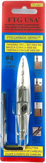 FTG USA #4 (7/64") Tungsten Carbide Tipped Countersink Drill Bit with Tapered Drill Bit, 1/4 Inch Quick Change Hex Shank and Allen Wrench