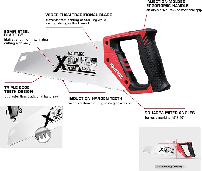 HAUTMEC 18-Inch X-Sharp Pro Hand Saw, Long Wood Saw with 7 TPI Triple Ground Teeth, Thick Blade & Ergonomic Handle, Universal Handsaw for Wood, PVC, Plastic & Trimming – HT0151